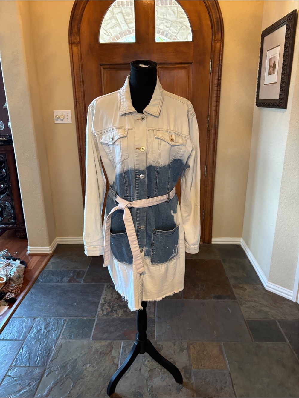 Two-Tone Tie-Waist Denim Jacket Dress - White & Blue